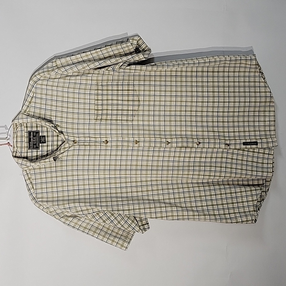Men's U.S. Expedition Tan/Blue Plaid Button-Down, Short-Sleeved Shirt, Size Lg